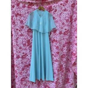 70s Vintage Sky Blue Pearl Studded Party Dress w Sheer Capelet